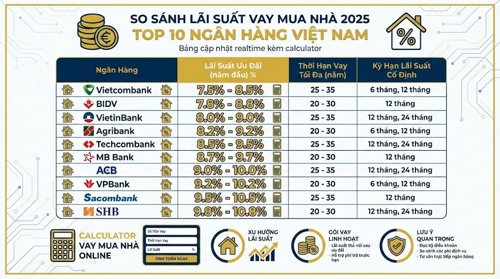 Bảng so sánh chi tiết lãi suất vay mua nhà 2025 - VPBank, Techcombank, VIB, MB Bank, ACB, Vietcombank, BIDV, Agribank, Sacombank, TPBank